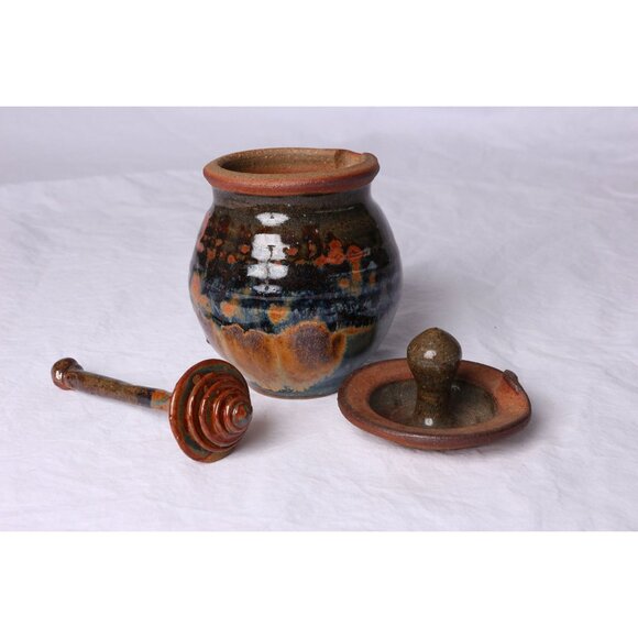 Vtg 1979's Handmade Blue & Brown Glazed Ceramic Honey Jar With Lid And Honey Dip - Picture 4 of 10